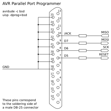 Schematic diagram for AVR parallel port ISP, model 'bsd'.