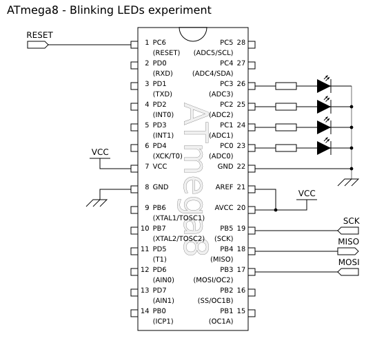 Schematic diagram for this 'blinking LEDs' circuit.