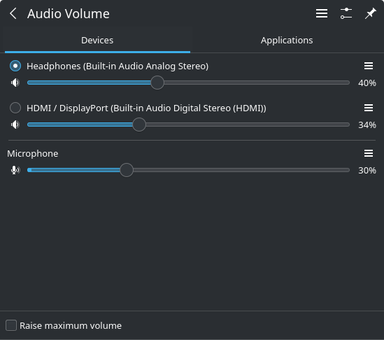 Audio mixer interface showing both the wired analog headphones and the digital HDMI output.