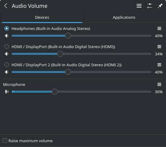 Audio mixer interface showing both the wired analog headphones and two digital HDMI outputs, in addition to the microphone input.