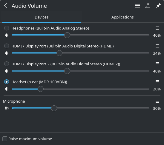 Audio mixer interface showing four output devices: wired analog headphones, HDMI 1, HDMI 2, Bluetooth headset. And also the wired analog microphone.