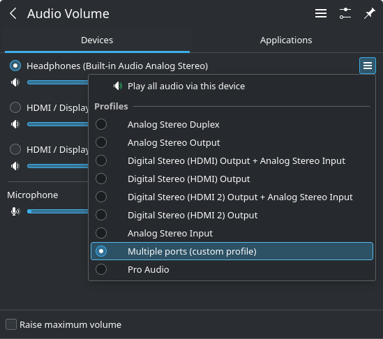 Audio mixer interface showing our custom profile.