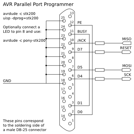 Schematic diagram for AVR parallel port ISP, model 'stk200'.