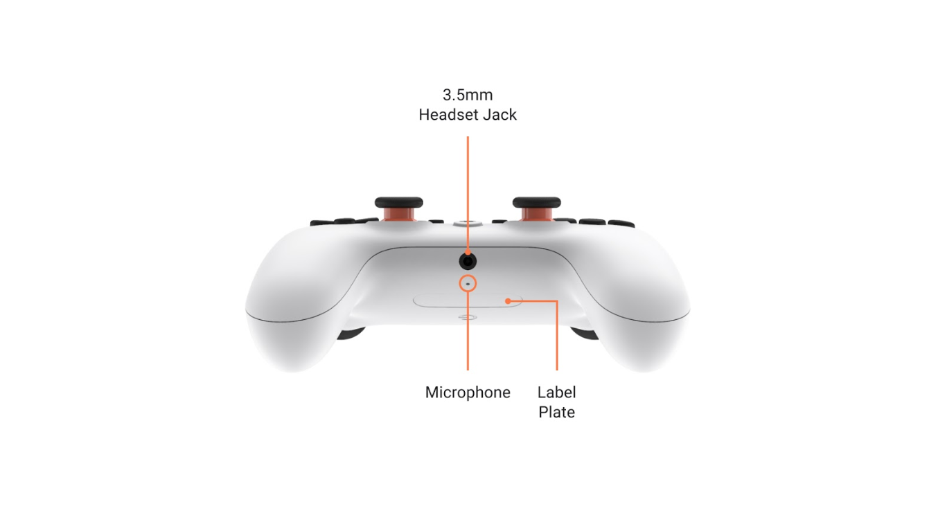 Bottom of Stadia controller with the microphone, headset jack and label plate highlighted.